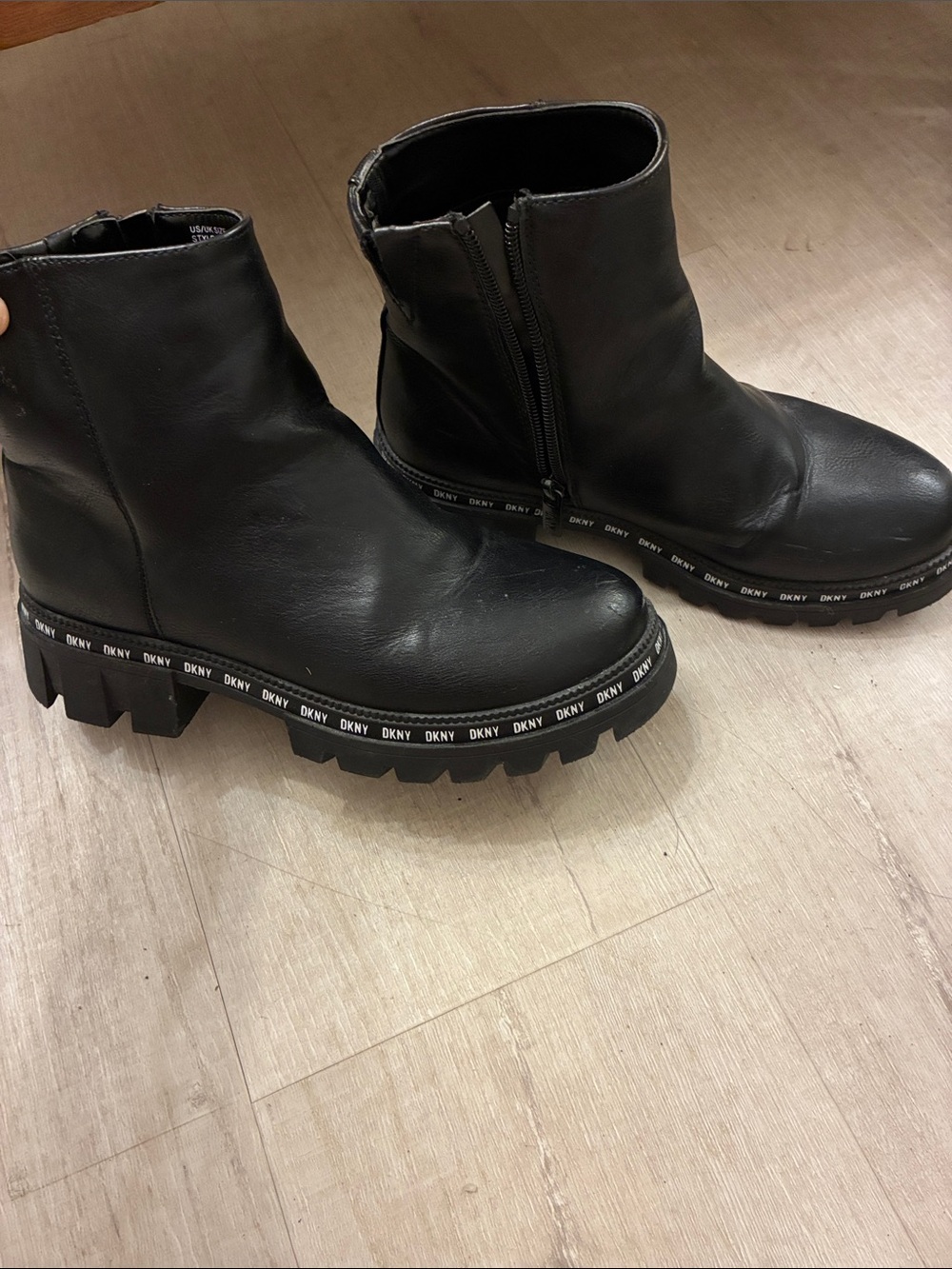DKNY Black Leather Lug-Sole Ankle Boots with Logo Trim